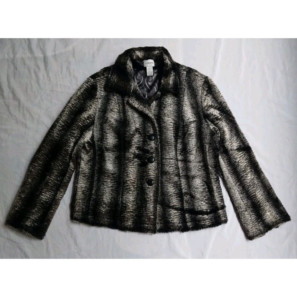 Chicos Faux Fur Jacket Black Gray Long Sleeve Y2K Mob Wife Womens Size 1 Small
